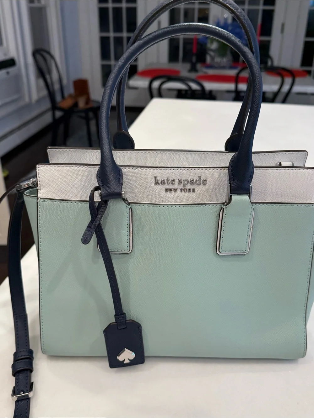 Kate Spade Cameron Medium Satchel/crossbody Pale Green, White & Navy Accents NEW